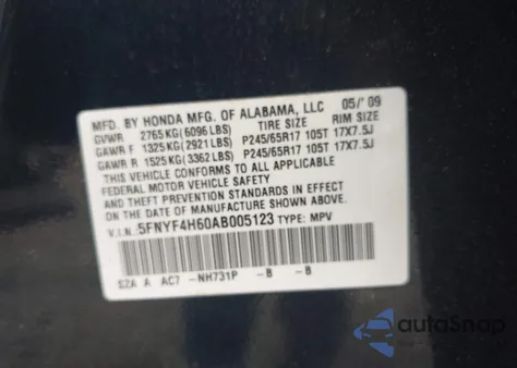 2010 Honda Pilot Ex-L z USA, uszkodzony, nr VIN 5FNYF4H60AB005123